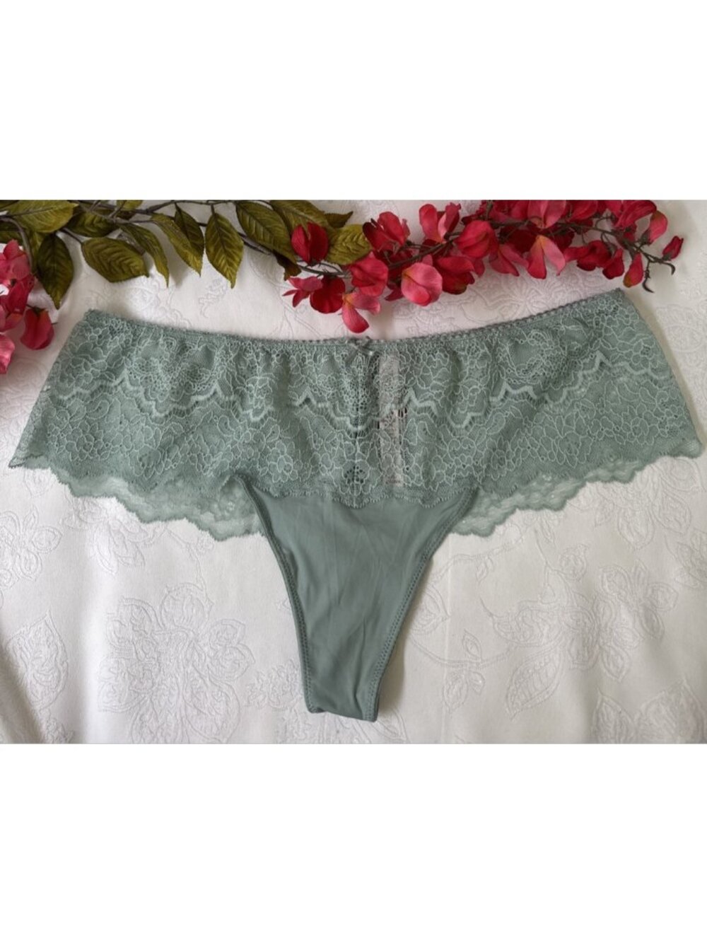 VICTORIA'S SECRET L BLUE GREEN DREAM ANGELS WIDE SIDE LACE THONG PANTIES NWT